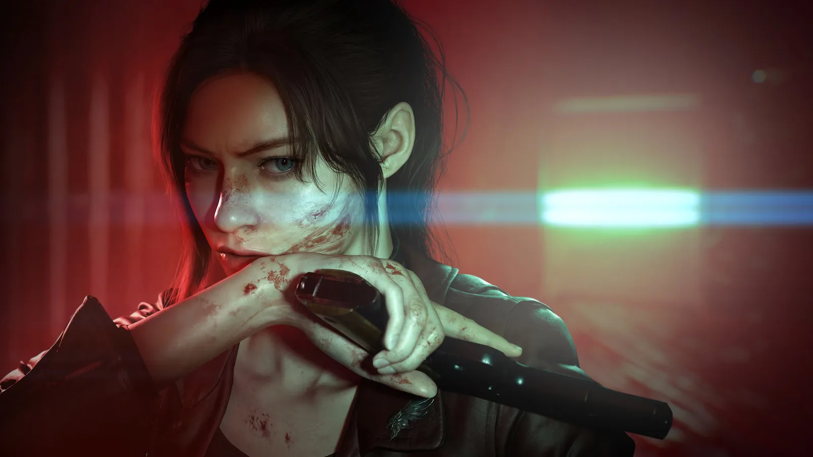 Claire Redfield, bloodied, resting her chin on her pistol