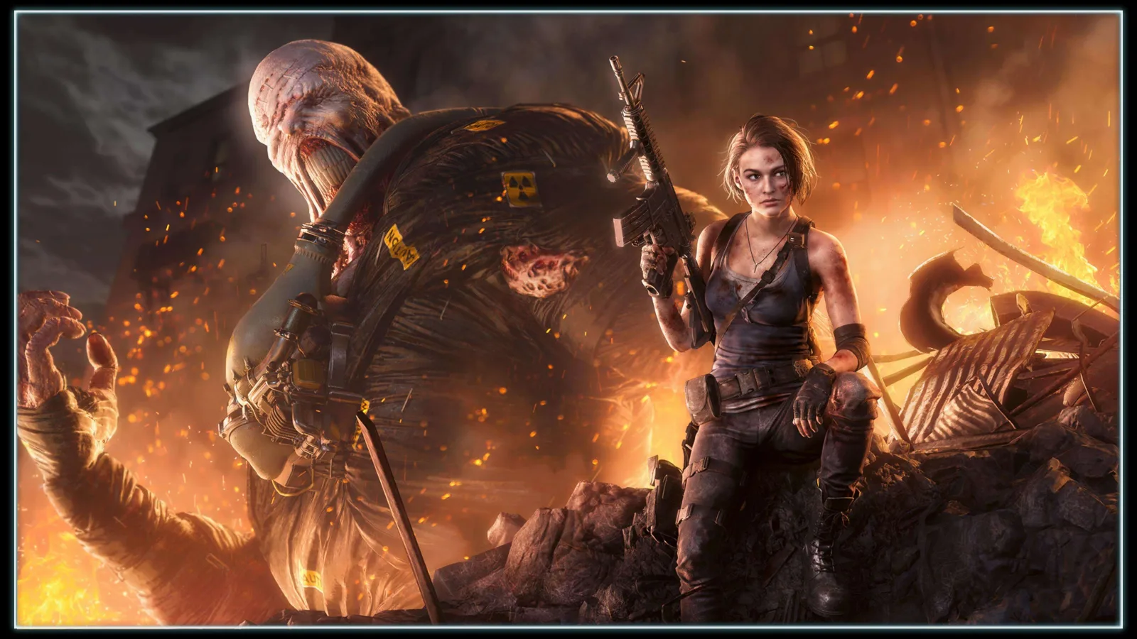 Jill Valentine with an assault rifle in front of Nemesis and a burning Raccoon City