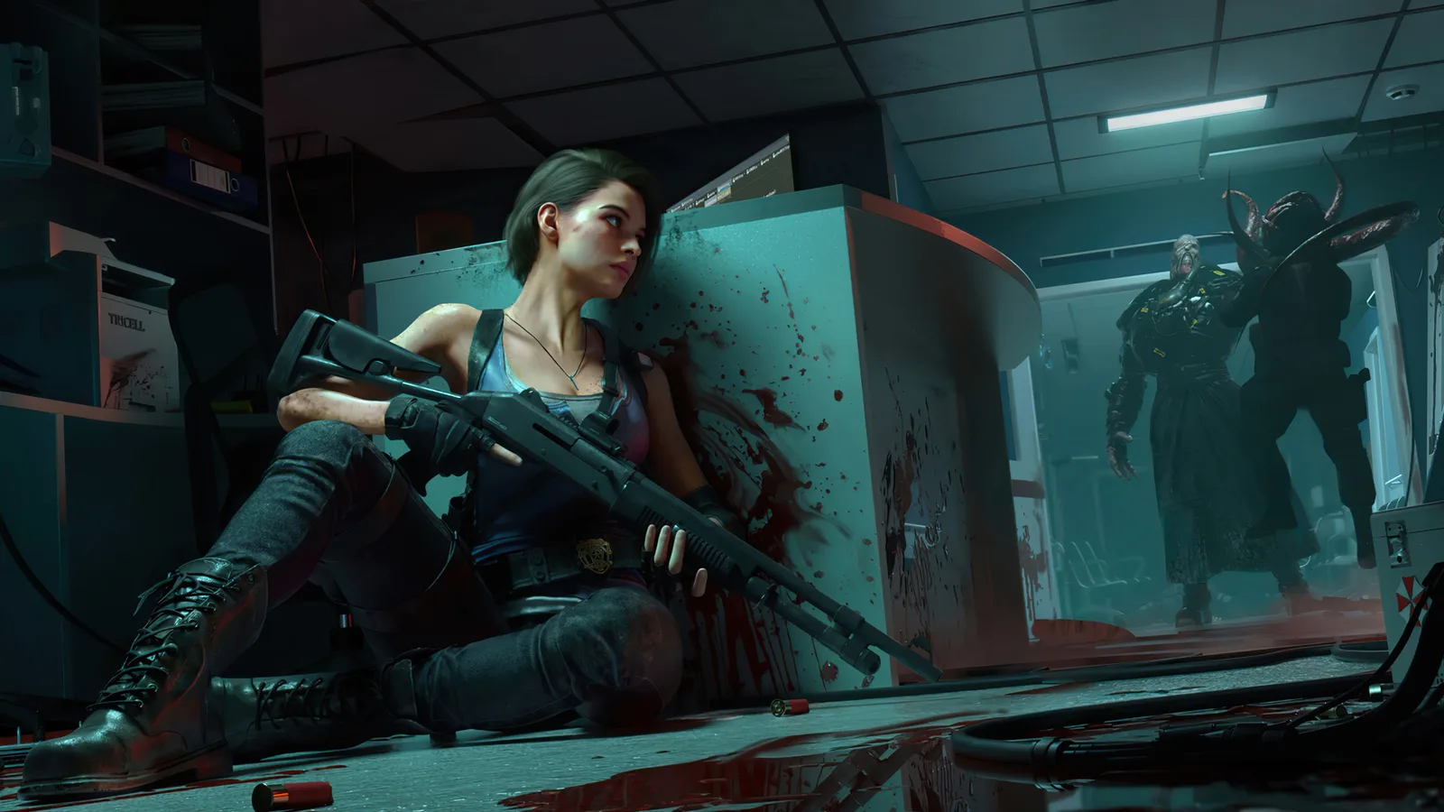 Jill Valentine sitting with a shotgun as Nemesis stands in the doorway