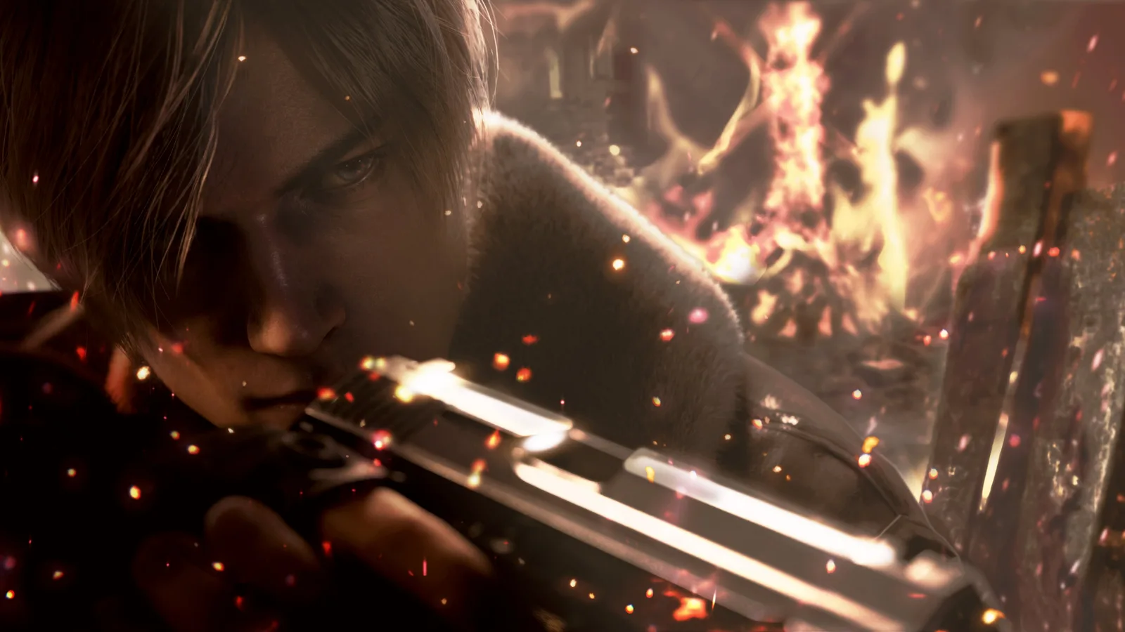 Leon Kennedy aiming his pistol with fire and embers behind him