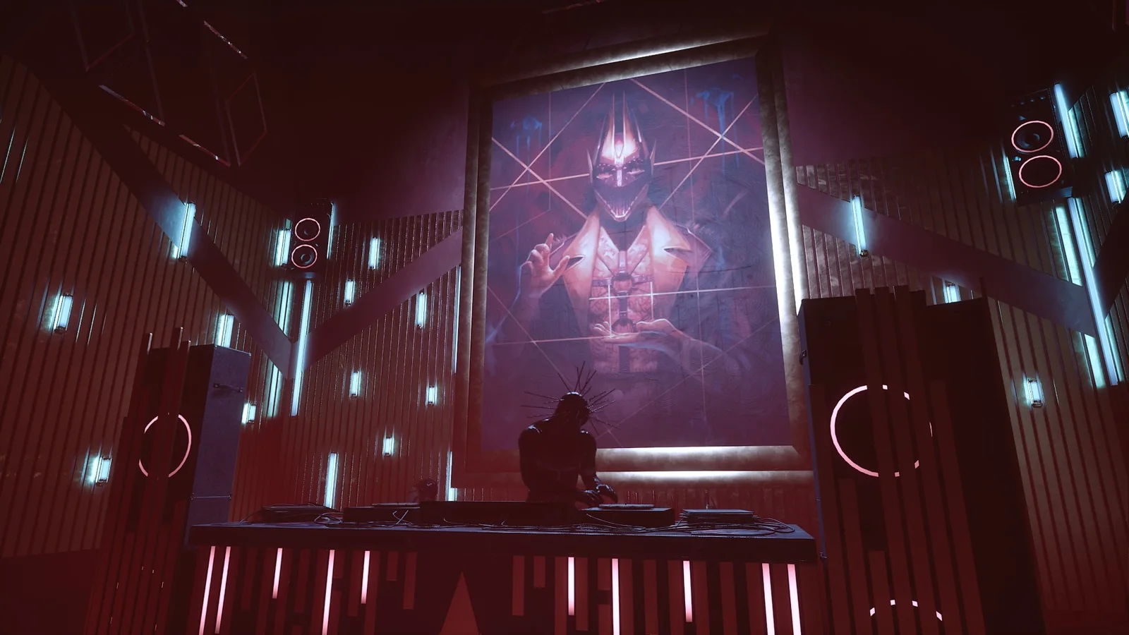 A DJ in a crown of pins at the decks, beneath a huge painting of a masked figure holding the puzzle box
