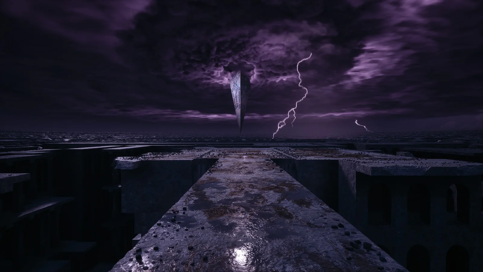 The Labyrinth stretching to the horizon under a purple storm, lightning striking, with Leviathan's diamond hanging in the sky