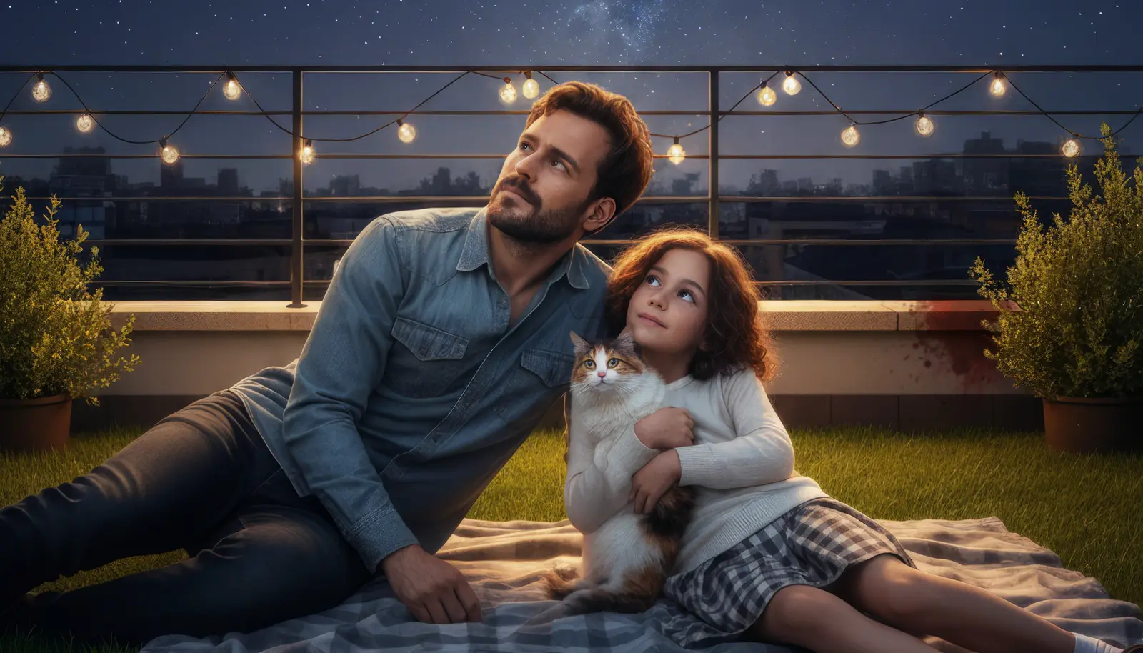 A father and daughter on a rooftop beneath the stars