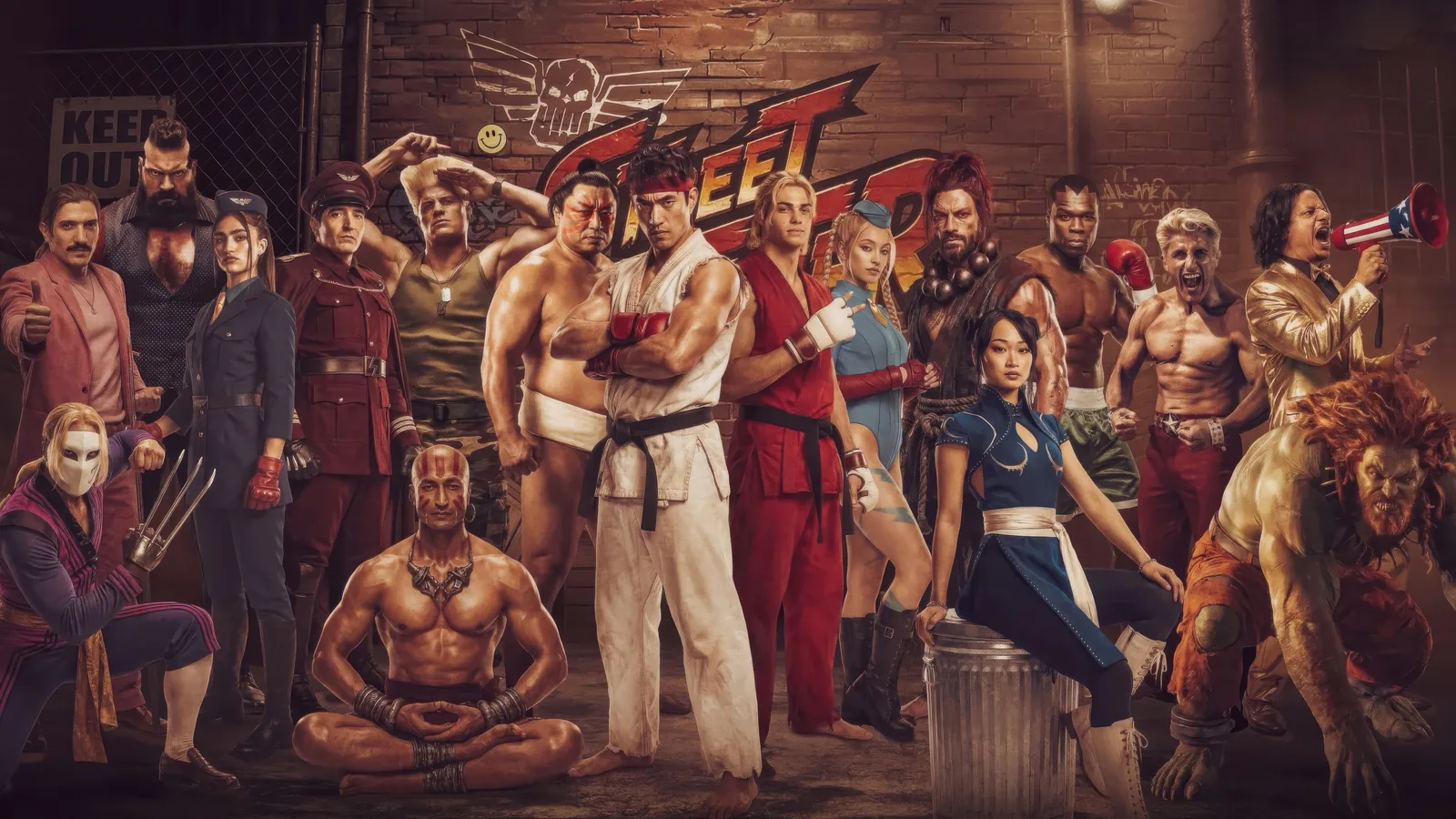 The full Street Fighter cast posed together in front of a brick wall, Ryu and Ken at the center of the roster