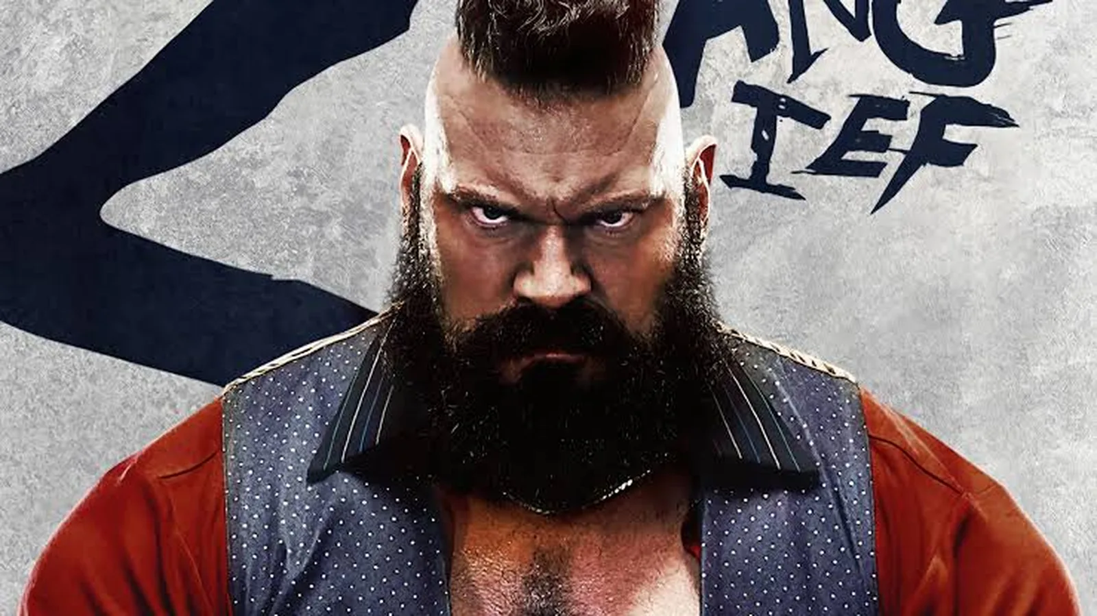 Zangief’s character poster: mohawk, enormous beard, and a glare straight down the lens