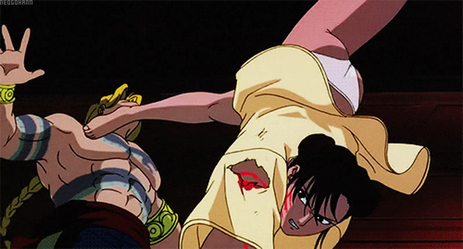 Chun-Li, bloodied, flipping upside down to kick Vega in their apartment fight from Street Fighter II: The Animated Movie