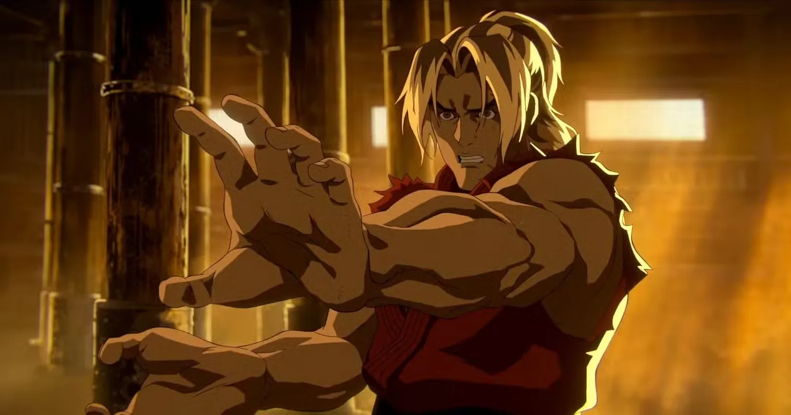 A hand-drawn Ken in his red gi sinking into his fighting stance in a sunlit wooden dojo