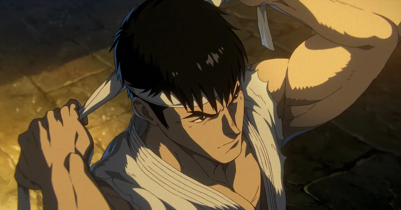 A hand-drawn Ryu tightening his white headband in warm golden light